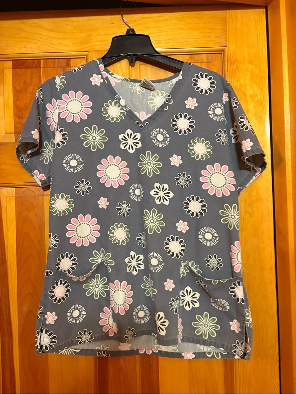V-Neck Floral Print Scrub Top in Grey with Pink & Green Flowers